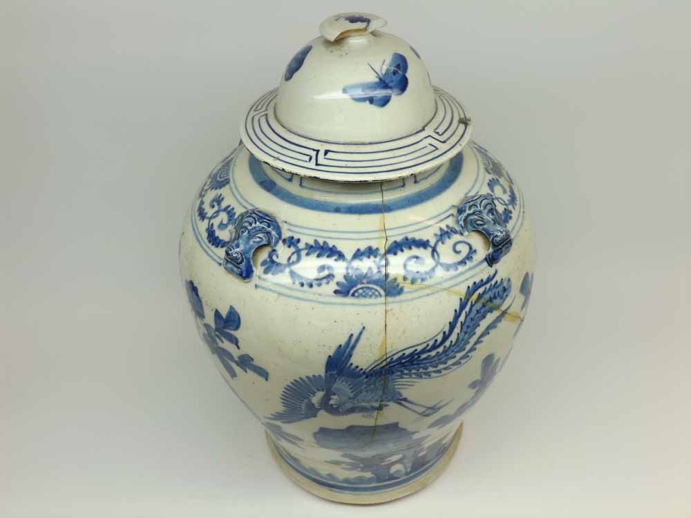 A Chinese Covered Large Jar, painted in underglaze blue with birds and foliage, the neck applied