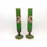 A pair of 19th Century Continental Cylindrical Green Glass Vases, decorated with oval panels, oval