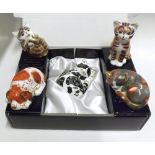 Royal Crown Derby Paperweights: Misty, Meadow Rabbit, Bank Vole (all with gold buttons and boxed),