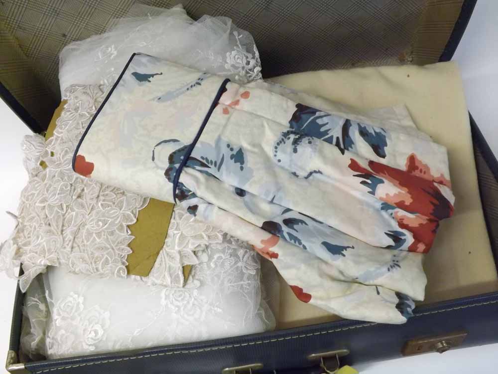A suitcase and a box containing a large quantity of assorted vintage textiles to include French - Image 3 of 6