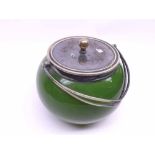 A late 19th/early 20th Century Green Glass Biscuit Barrel, with silver plated mounts, 8" high to top