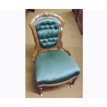 Victorian Walnut Ladies Chair with green upholstered back and seat