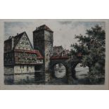 A JENSEN, SIGNED IN PENCIL TO MARGIN, HAND COLOURED ETCHING, German? Titled Riverside Town, 7" x 10"