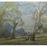 AFTER JOHN ROWELL, (AUSTRALIAN), COLOURED PRINT, "Sunlit Gums", 14" x 17"