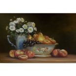 JAMES J ALLEN, SIGNED PAIR OF OILS ON BOARD, "Taste of the Country" and "Peaches and Porcelain",