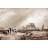 19TH CENTURY ENGLISH SCHOOL, SEPIA WATERCOLOUR, Bamburgh Castle and Holy Island, 6" x 8"