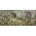 VICTORIAN SCHOOL, CHROMOLITHOGRAPH, Young Girls amongst Roses, 12" x 26"