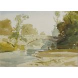 STUART MILNER, SIGNED LOWER LEFT, WATERCOLOUR, River Scene with Bridge, 11" x 14"