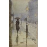 FAINTLY MONOGRAMMED AND DATED '87 LOWER LEFT, WATERCOLOUR, Rainy Street Scene with Figure and