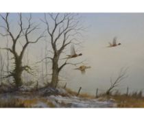 S F CLARKE, SIGNED LOWER RIGHT, TWO WATECOLOURS, "Pheasants in Flight" and "Evening Flight, Teal",