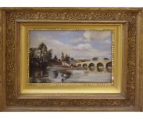 ATTRIBUTED TO ARTHUR E DAVIES, OIL ON CANVAS, River Landscape with Bridge, 6