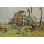 JAMES AUMONIER, SIGNED LOWER LEFT, WATERCOLOUR, Woman in Country Landscape, 8" x 12"