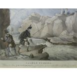 WILLIAM HEATH (ENGRAVER), ANTIQUE COLOURED LITHOGRAPH, "Salmon Fishing", 9" x 12 1/2"; together with