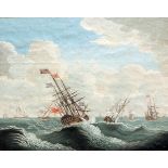 EARLY 19TH CENTURY ENGLISH SCHOOL, WATERCOLOUR, Sailing Ships at Sea, 9" x 11 1/2"
