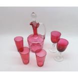 Mixed lot: Victorian Cranberry and clear glass wares to include small squat Decanter with looped