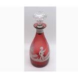 Mary Gregory style Cranberry Decanter decorated with a young boy and bird, fitted with a replacement