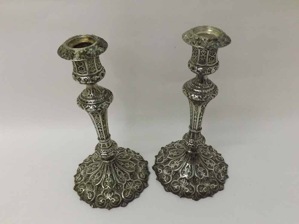 Pair of mid-19th Century Elkington Silver plated Candlesticks, decorated with Gothic type floral