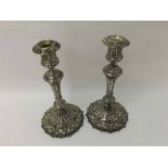 Pair of mid-19th Century Elkington Silver plated Candlesticks, decorated with Gothic type floral