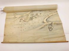 Two Oriental Rolled Watercolours, each painted with scenes of figures picking rice in paddy