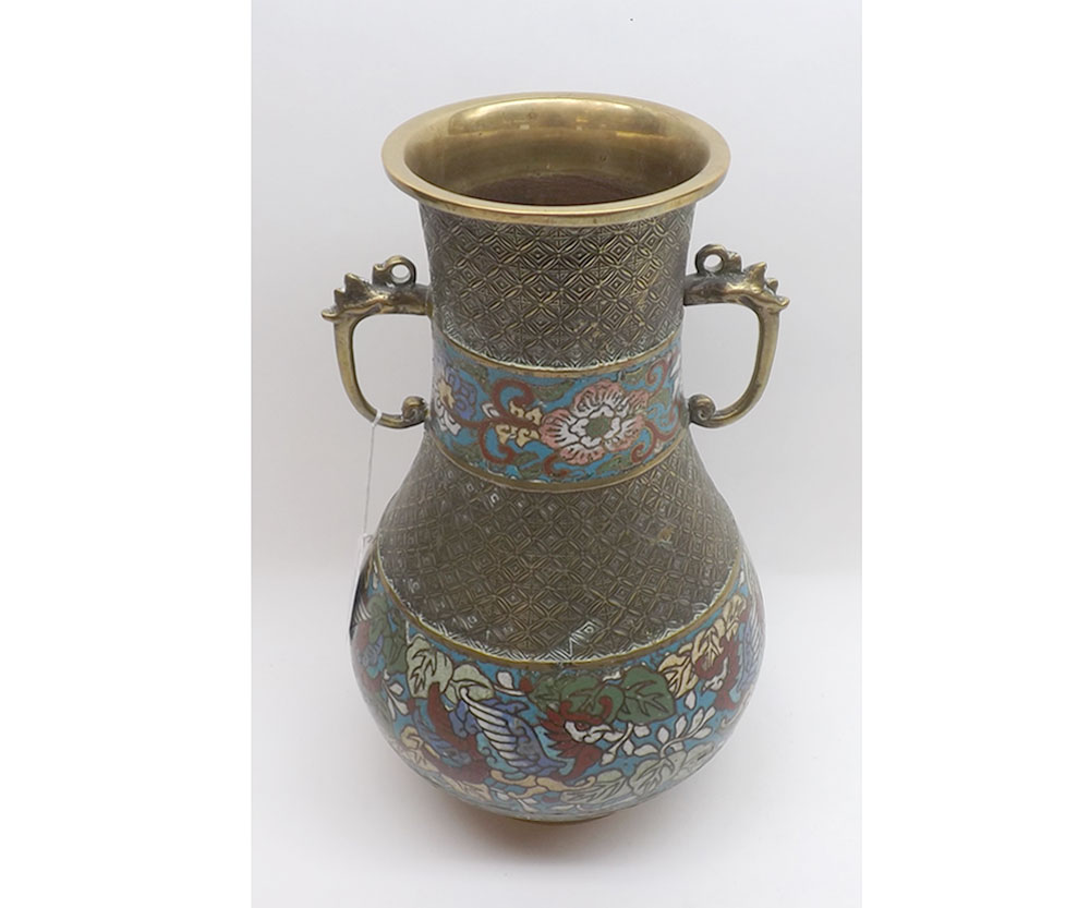 A Chinese Brass large two-handled Baluster Vase, applied with two enamelled panels painted in iron