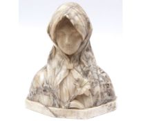 Large 19th Century veined marble carving of a head and shoulders of a young lady in veil and further