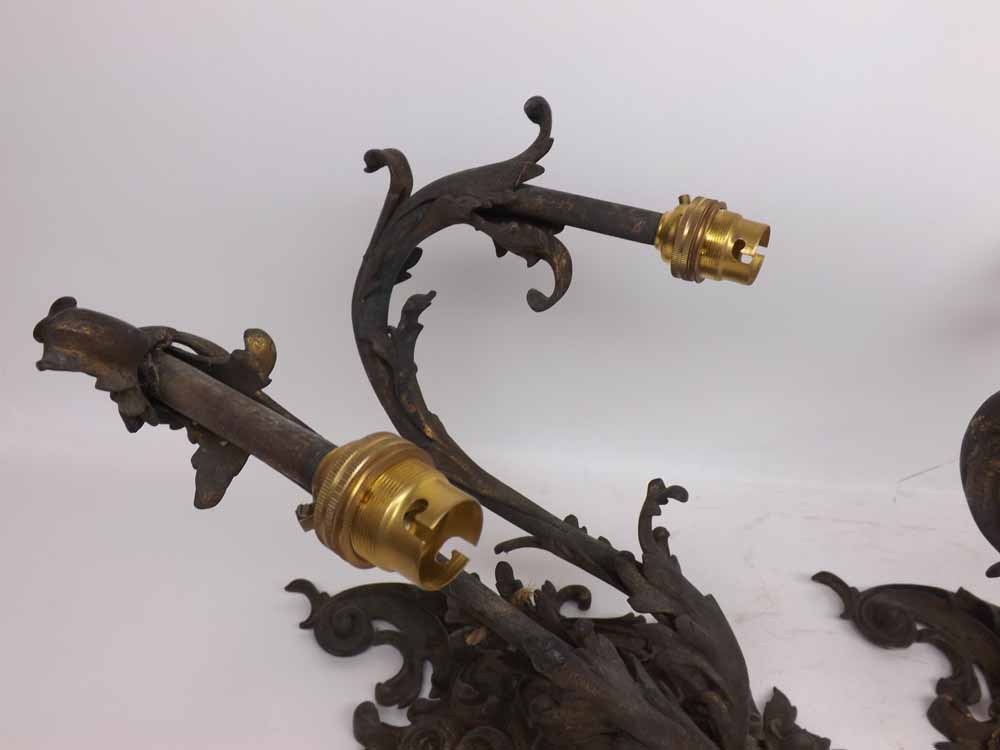 A pair of Victorian Ornate Gilt Metal Two Branch Wall Sconces, elaborately decorated with scrolls - Image 2 of 3