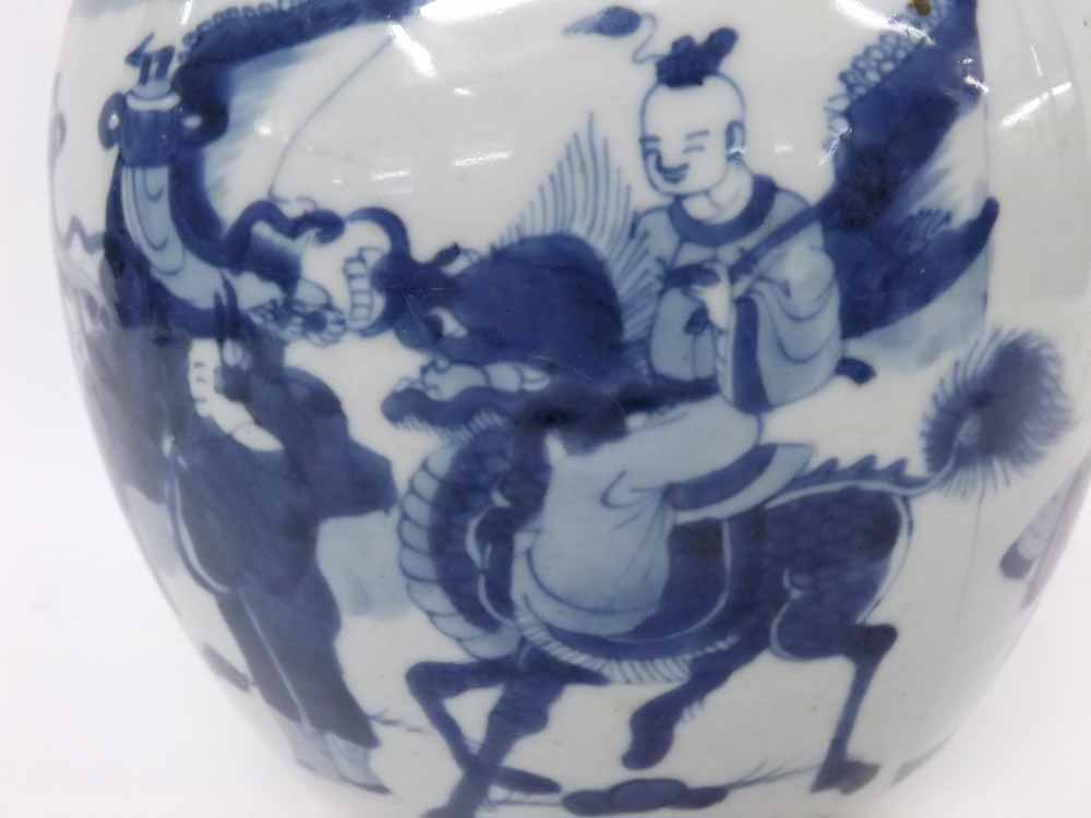 A Chinese large Ginger Jar (lid missing), painted in underglaze blue with an all over scene of - Image 4 of 9