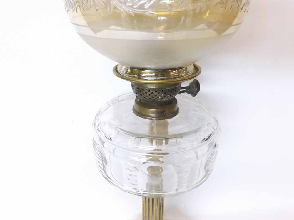 A Victorian Composite Oil Lamp, later shade with crimped rim, over a clear glass facetted font, - Image 2 of 4