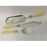 Mixed lot: Silver plated Fish Servers and Crumb Tray, all fitted with Ivory handles, various dates