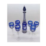 A 20th Century blue and clear flash cut glass Decanter decorated with vines, together with a set