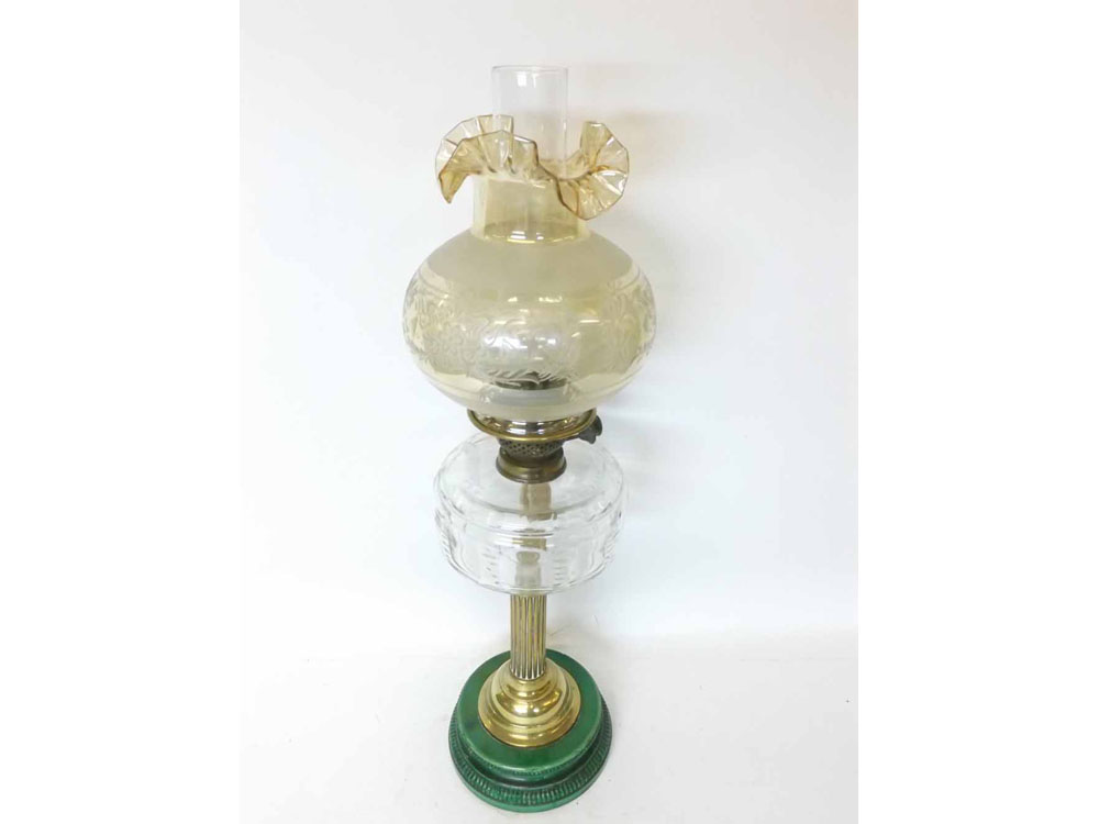 A Victorian Composite Oil Lamp, later shade with crimped rim, over a clear glass facetted font,