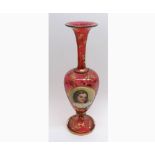 19th Century Cranberry and gilt overlaid baluster Vase decorated with a Venetian style panel of a