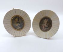 Pair of small portraits of classical young ladies on Ivory in oval Ivory mounted frames, 6 ½” high
