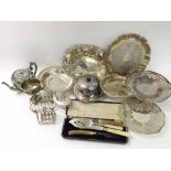 A large box of Victorian and later Electroplated Wares including Fruit Dishes, Muffin Dish,