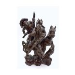A Chinese Carved Hardwood Group of Samurai and attendant, mounted on horseback, 14” high
