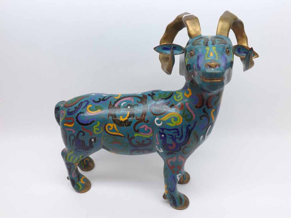 A Cloisonné Model of a goat, decorated predominantly in pale blue with further coloured and gilded