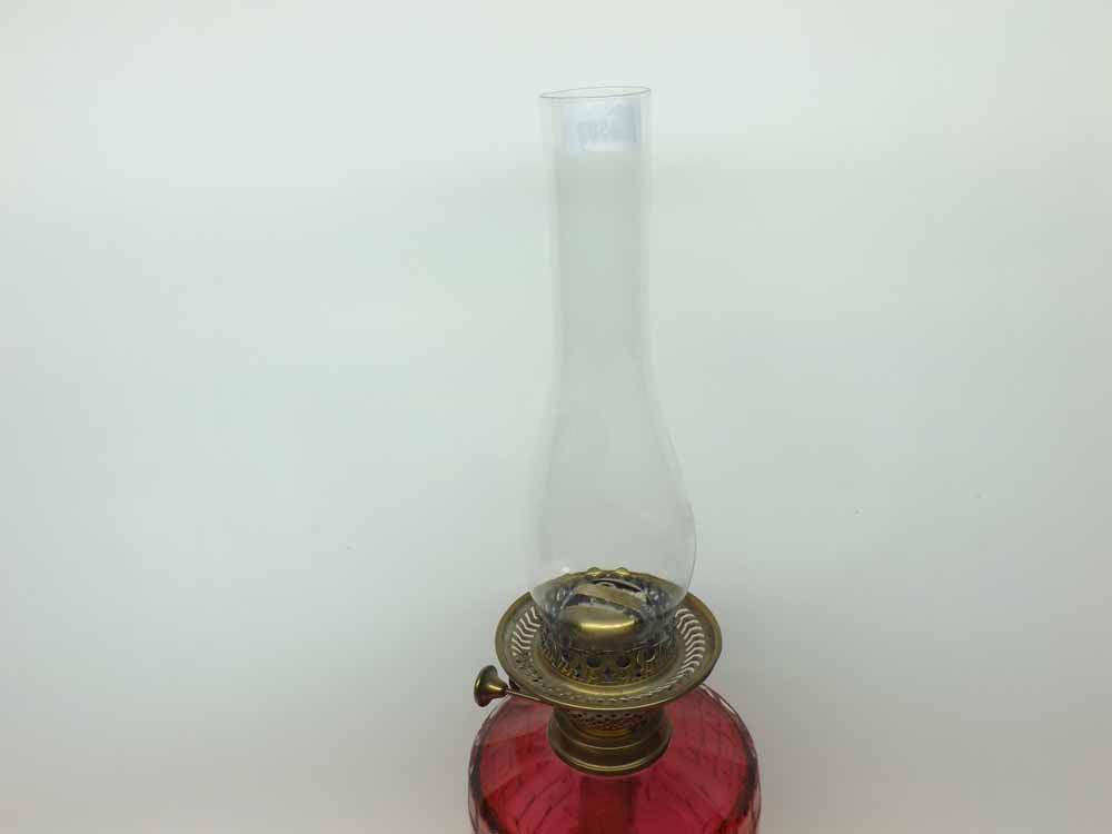 A Victorian Brass Oil Lamp with cranberry facetted font, 24” high - Image 2 of 2