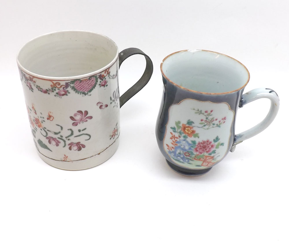 Two late 18th/early 19th Century Chinese export Tankards, one of cylindrical form with a later