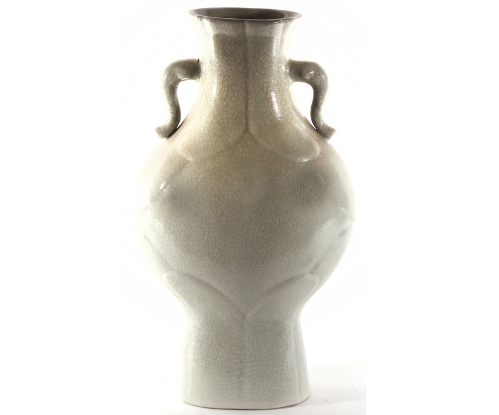 A Chinese large crackle glaze Baluster Vase of two-handled ovoid form, (handles cracked), 17 ¾”