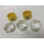 Mixed lot comprising three various hallmarked Silver circular Napkin Rings and two further Ivory
