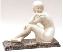 Large Art Deco styled carved alabaster figure of a seated young nude lady, raised on a stepped