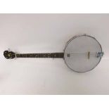 A modern Banjo with Remo Weatherking Banjo head, total length 34” housed within fitted case