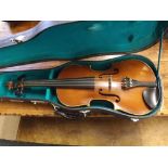 Vintage un-named Violin with two piece back, double line purfling, ebonised finger board and