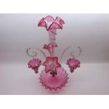 Large Cranberry and clear glass Epergne Vase, the central frilled stem surrounded by four smaller