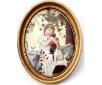 A good quality hand-painted oval Plaque depicting a young girl with a cat in an interior, in a