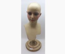 Unusual antique shop display wig or hat stand formed as a head and shoulders bust on a turned wooden