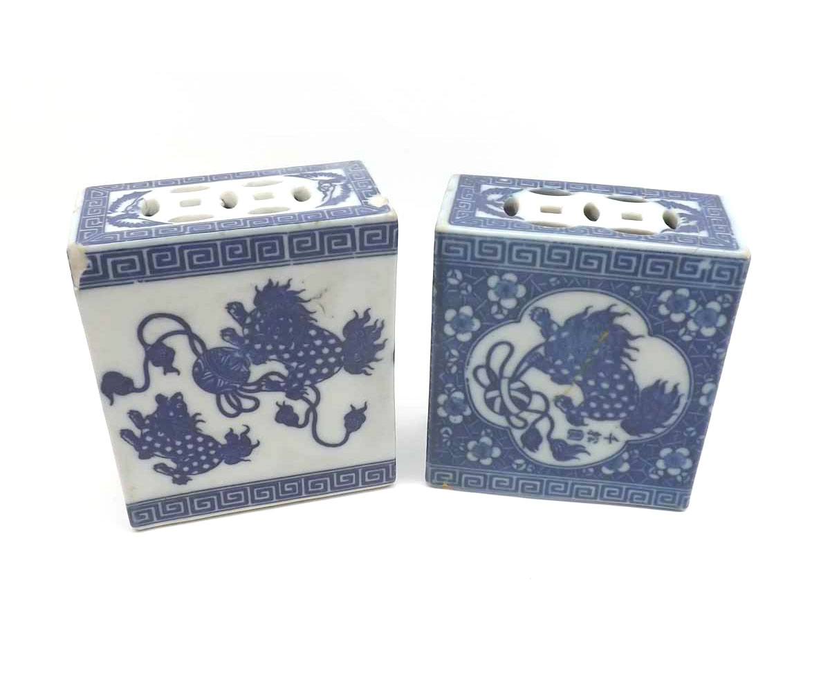 Two Chinese Flower Bricks, each of rectangular form and with pierced tops, the bodies each decorated