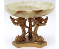 Early 20th Century circular alabaster Bowl, supported on three Bronze serpent shaped legs and a