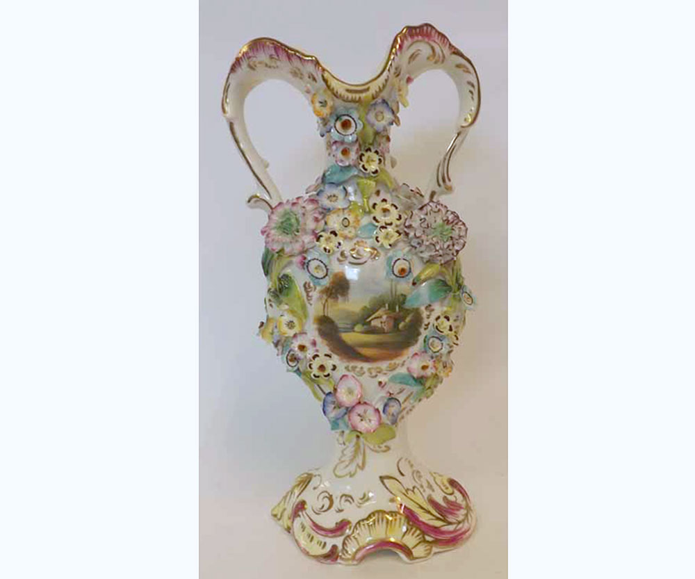 A 19th Century English Two-Handled Baluster Vase, encrusted with flowers and painted in colours, and