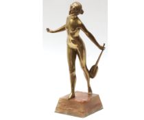 Polished Bronze model of a Nude female Musician, raised on a tapering polished marble base, signed